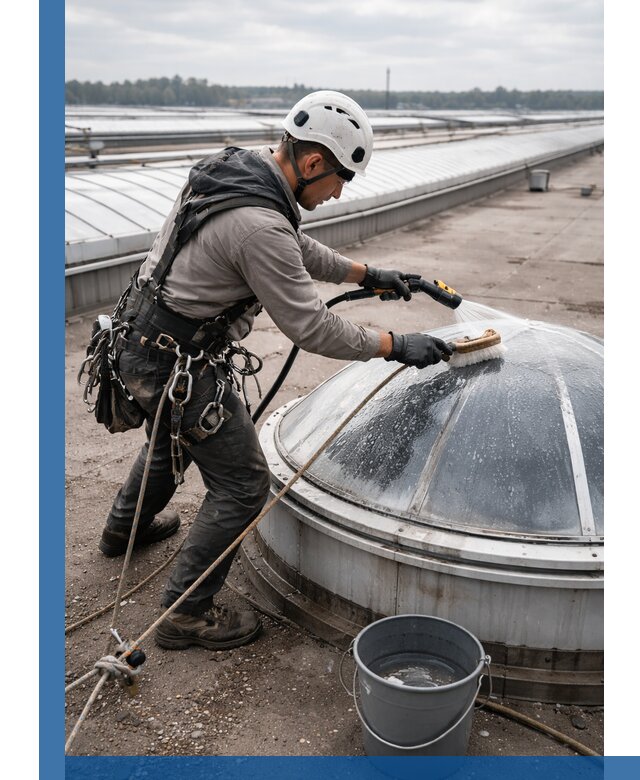 Мойка зенитных фонарей на кровле для промышленных объектов в Балакове