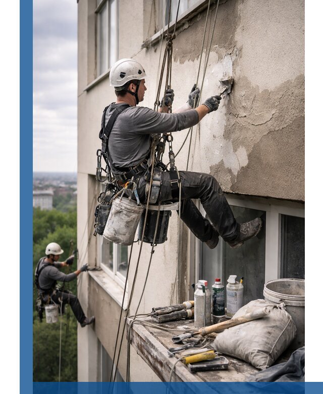 Косметический ремонт фасада зданий в Балакове промышленными альпинистами