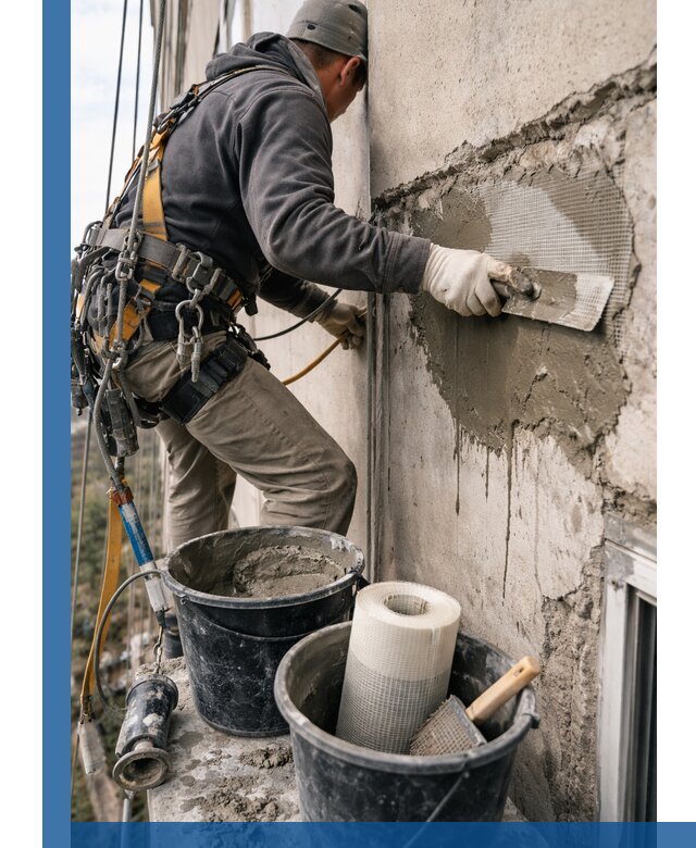 Ремонт бетонных элементов фасада промышленными альпинистами в Балакове