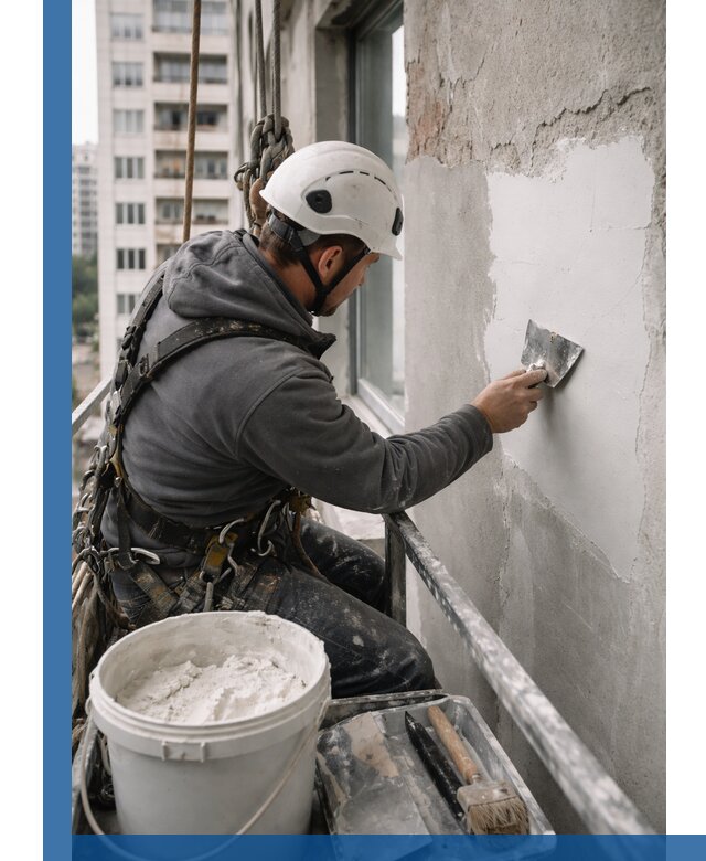 Шпаклевка фасадов на высоте с промальпинистами в Балакове