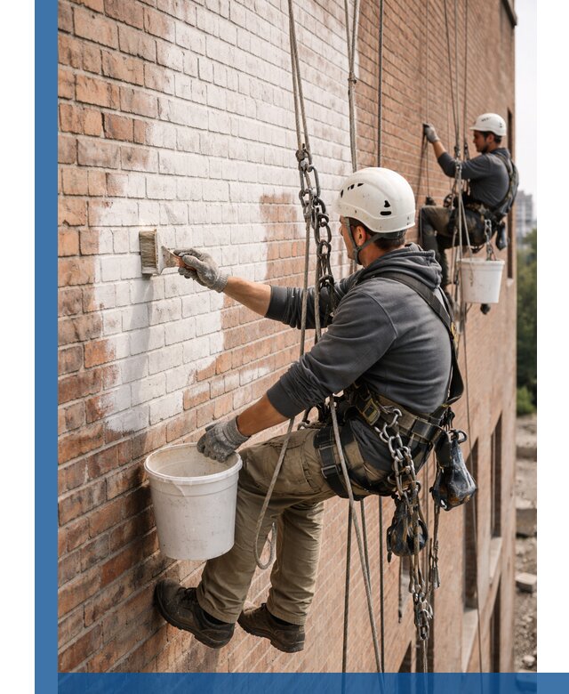Покраска кирпичного фасада с доступным альпинистским сервисом в Балакове