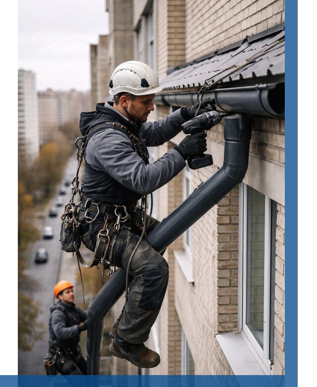 Монтаж водосточной системы на здании в Балакове от 5089 р. | ВЫСОТНИК-Блк