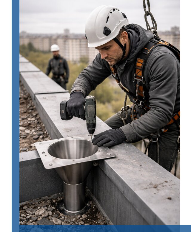 Монтаж водосточных воронок в Балакове для промышленных зданий