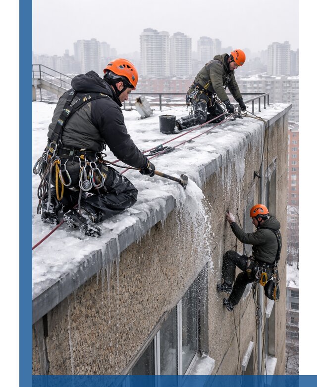 Удаление наледи с кровли в Балакове промышленными альпинистами