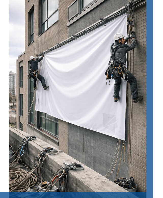 Монтаж баннеров на фасаде в Балакове от 662 р. заказать ВЫСОТНИК-Блк