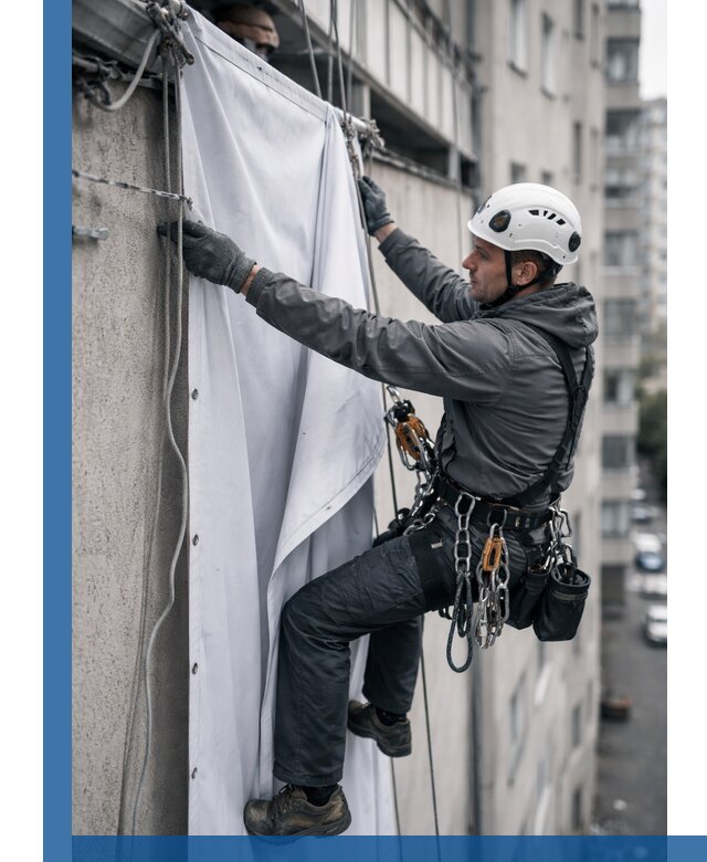 Замена баннерного полотна промышленными альпинистами в Балакове