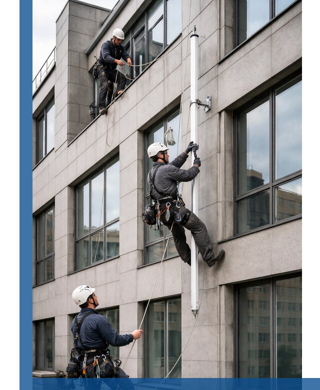 Монтаж флагштока на фасаде здания с креплением и герметикой в Балакове