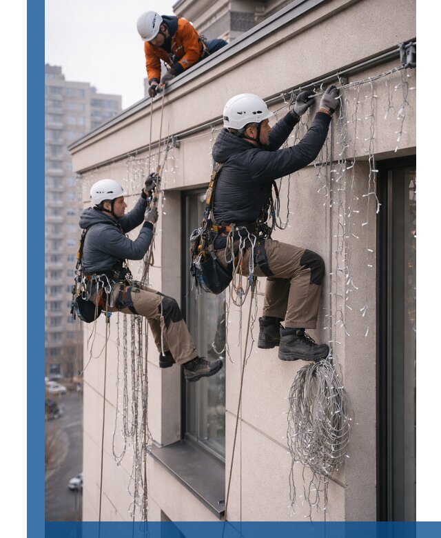 Монтаж праздничных гирлянд на фасаде в Балакове для зданий