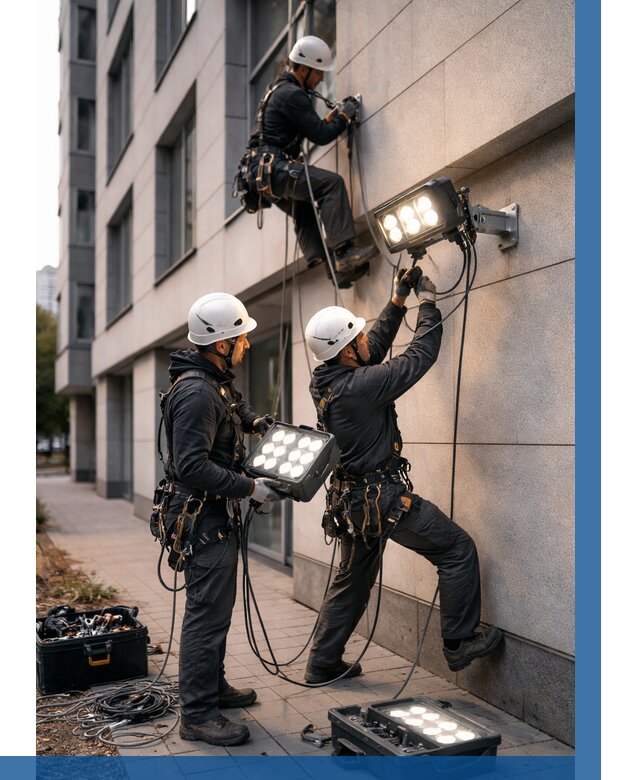 Монтаж прожекторов на фасаде в Балакове от 7633 р. | ВЫСОТНИК-Блк