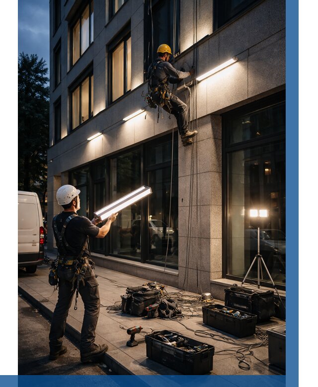 Монтаж архитектурной подсветки здания в Балакове от 2544 р.|ВЫСОТНИК-Блк