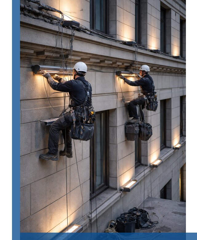 Монтаж архитектурной подсветки фасадов зданий в Балакове