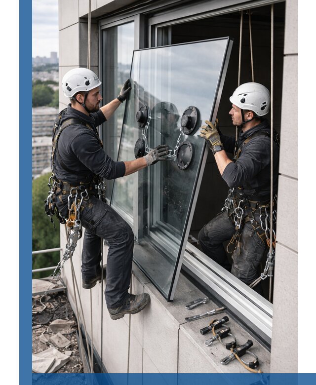 Замена стеклопакетов на высоте с промышленными альпинистами в Балакове