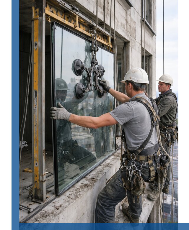 Монтаж стеклопакетов на высоте в Балакове с промышленным альпинизмом