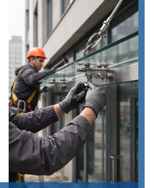 Монтаж стеклянных козырьков в Балакове от 8650 р. | ВЫСОТНИК-Блк