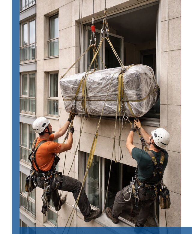 Подъем грузов через окно в Балакове промышленными альпинистами