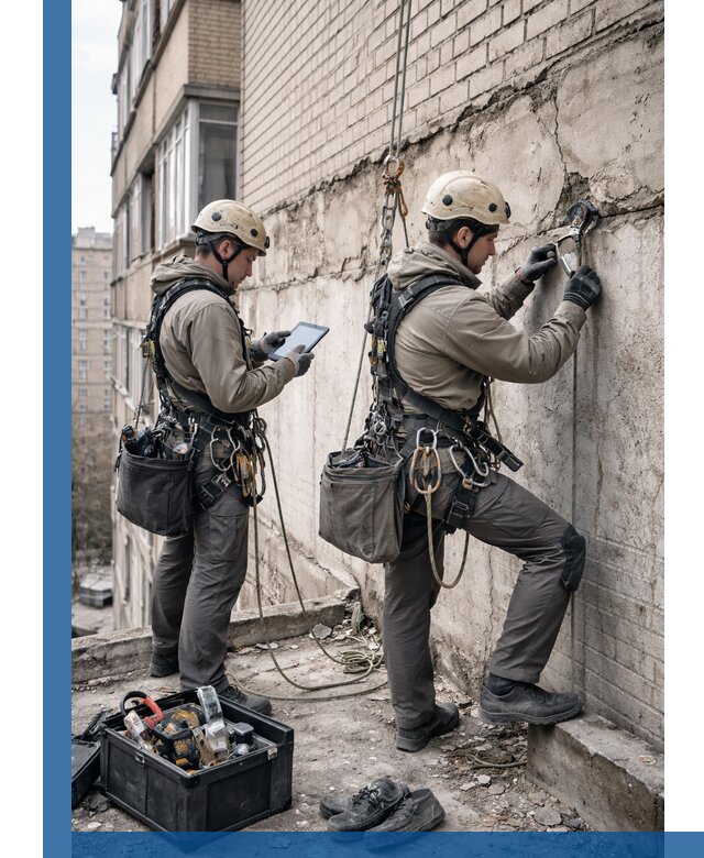 Обследование фасада промышленными альпинистами в Балакове